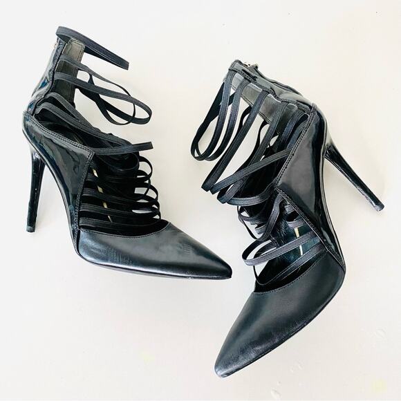 KENNETH COLE Black Two Tone Patent Leather Elastic Strappy Zipper Pumps Heels 8 - Picture 6 of 13
